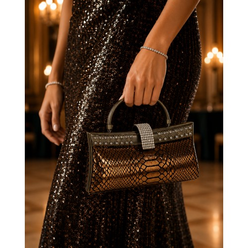 Evening Bag - Metallic Snake Skin-Like w/ Swarovski Accent Closure Knob - BG-HP03999BZ